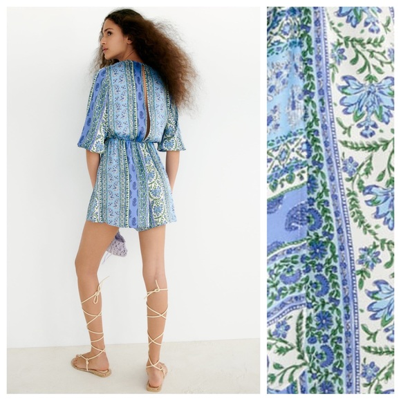 NWT. Zara Blue Patchwork Print Wrap-Around Jumpsuit - Picture 3 of 9